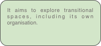 It aims to explore transitional spaces, including its own organisation.