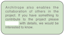 Architrope also enables the collaboration of others in the project. If you have something to contribute to the project please email us with details, we would be interested to know.