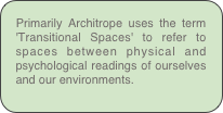 Primarily Architrope uses the term 'Transitional Spaces' to refer to spaces between physical and psychological readings of ourselves and our environments. 