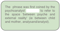 The  phrase was first coined by the psychoanalyst Winnicott to refer to the space 'between psyche and external reality' (ie between child and mother, analysand/analyst).