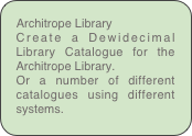 Architrope Library
Create a Dewidecimal Library Catalogue for the Architrope Library.
Or a number of different catalogues using different systems.