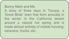 Bunny Mark and Me
A story of three days in Tecopa, a ‘Snow Birds’ town that form annually in the winter in the California desert around a natural hot spring and is made almost entirely of mobile housing; caravans, trucks, etc.