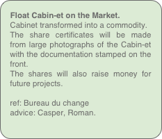Float Cabin-et on the Market.
Cabinet transformed into a commodity.
The share certificates will be made from large photographs of the Cabin-et with the documentation stamped on the front.
The shares will also raise money for future projects.

ref: Bureau du change
advice: Casper, Roman.