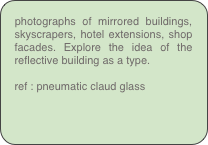 photographs of mirrored buildings, skyscrapers, hotel extensions, shop facades. Explore the idea of the reflective building as a type.

ref : pneumatic claud glass