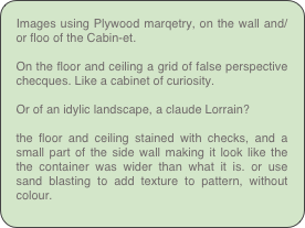 Images using Plywood marqetry, on the wall and/or floo of the Cabin-et.

On the floor and ceiling a grid of false perspective checques. Like a cabinet of curiosity.

Or of an idylic landscape, a claude Lorrain?

the floor and ceiling stained with checks, and a small part of the side wall making it look like the the container was wider than what it is. or use sand blasting to add texture to pattern, without colour.