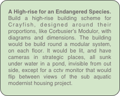 A High-rise for an Endangered Species.
Build a high-rise building scheme for Crayfish, designed around their proportions, like Corbusier’s Modulor, with diagrams and dimensions. The building would be build round a modular system, on each floor. It would be lit, and have cameras in strategic places, all sunk under water in a pond, invisible from out side, except for a cctv monitor that would flip between views of the sub aquatic modernist housing project.