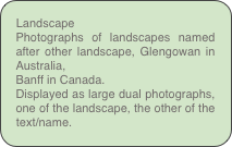 Landscape
Photographs of landscapes named after other landscape, Glengowan in Australia,
Banff in Canada. 
Displayed as large dual photographs, one of the landscape, the other of the text/name.