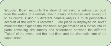 
Wooden Boat’ recounts the story of retrieving a submerged boat from the waters of a remote lake in a lake in Sweden and rowing out to its centre. Using 15 different camera angles a multi perspective account of the event is recorded.  The piece is displayed on seven monitors that explode the traditional single timeline of a movie into its parts, revealing simultaneity and differences between the different ‘Takes’ of the event, and the ‘real time’ and the cinematic time of the experience.