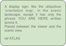 A display sign, like the ubiquitous ‘orientation map’, in the scenic landscape, except it has only the phrase YOU ARE HERE written across it. 
Placed between the viewer and the scenic view.

ref ATLAS
