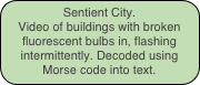 Sentient City. 
Video of buildings with broken fluorescent bulbs in, flashing intermittently. Decoded using Morse code into text.