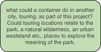 what could a container do in another city, touring, as part of this project?
Could touring locations relate to the park, a natural wilderness, an urban wasteland etc,, places to explore the meaning of the park.